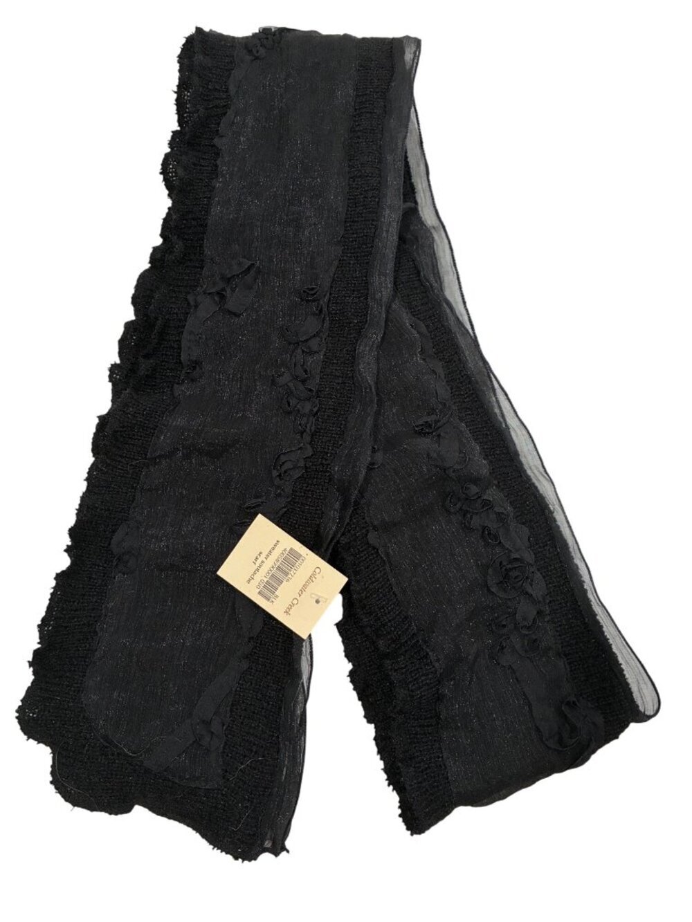 Coldwater Creek Black Sweater Soutache Scar chiffon edge w/ Floral Applique NWT